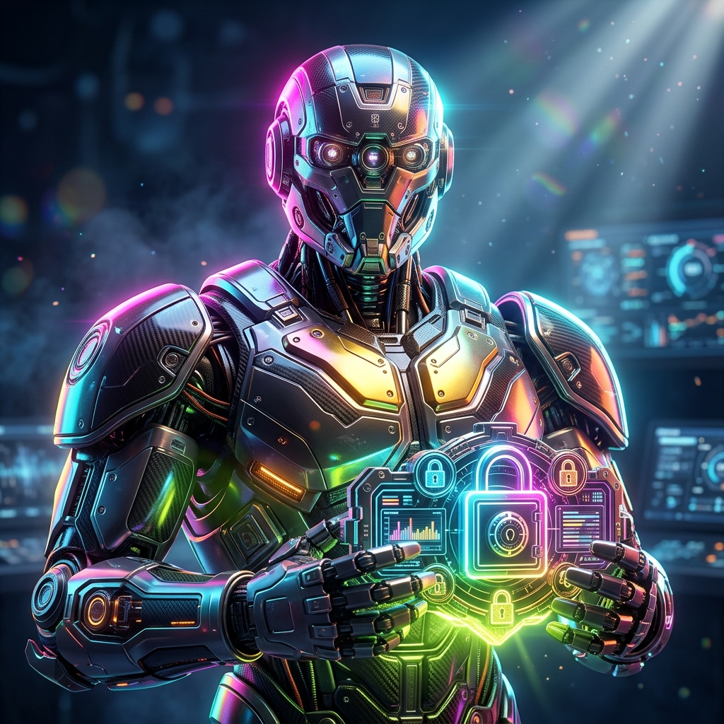 VaultLedger Command | Secrets & Access Operations Terminal — Password Managers category hero — heavily armored guardian robot holding a symbolic emblem of the category with both hands in dark cinematic stage with dramatic spotlights streaming down and a hazy atmospheric fog