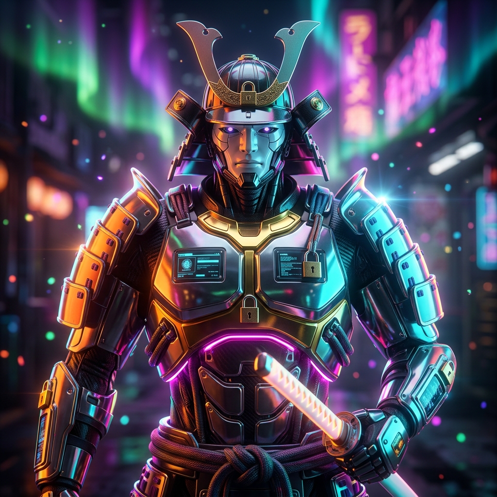 Vaultline Studio — Secrets & Production Command — Password Managers category hero — majestic samurai-styled mech in lacquered armor with neon under-glow, katana of light in hand in Blade-Runner-style noodle-shop alley with dense neon signage in the background