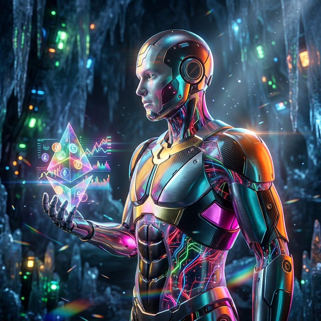 Vaultline — Treasury Strategy Terminal — Cryptocurrency category hero — cinematic cyborg character seen in three-quarter profile, exposed circuitry glowing beneath translucent skin, intense neon rim light in crystalline ice cavern lit by bioluminescent tech installations