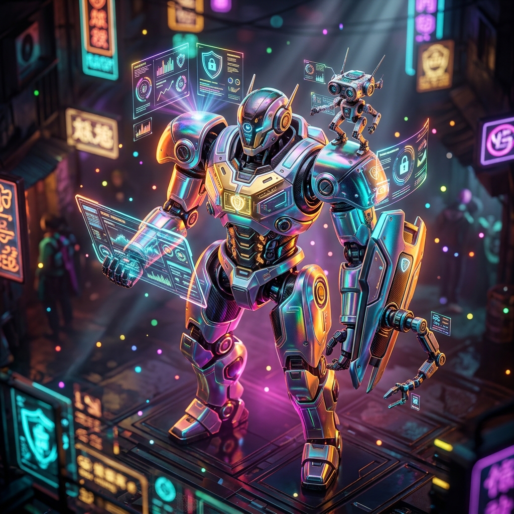 VaultSentry | Casino Compliance Intelligence — Casino category hero — duo of contrasting robots — one large hero mech and a small companion droid — composed cinematically in Blade-Runner-style noodle-shop alley with dense neon signage in the background