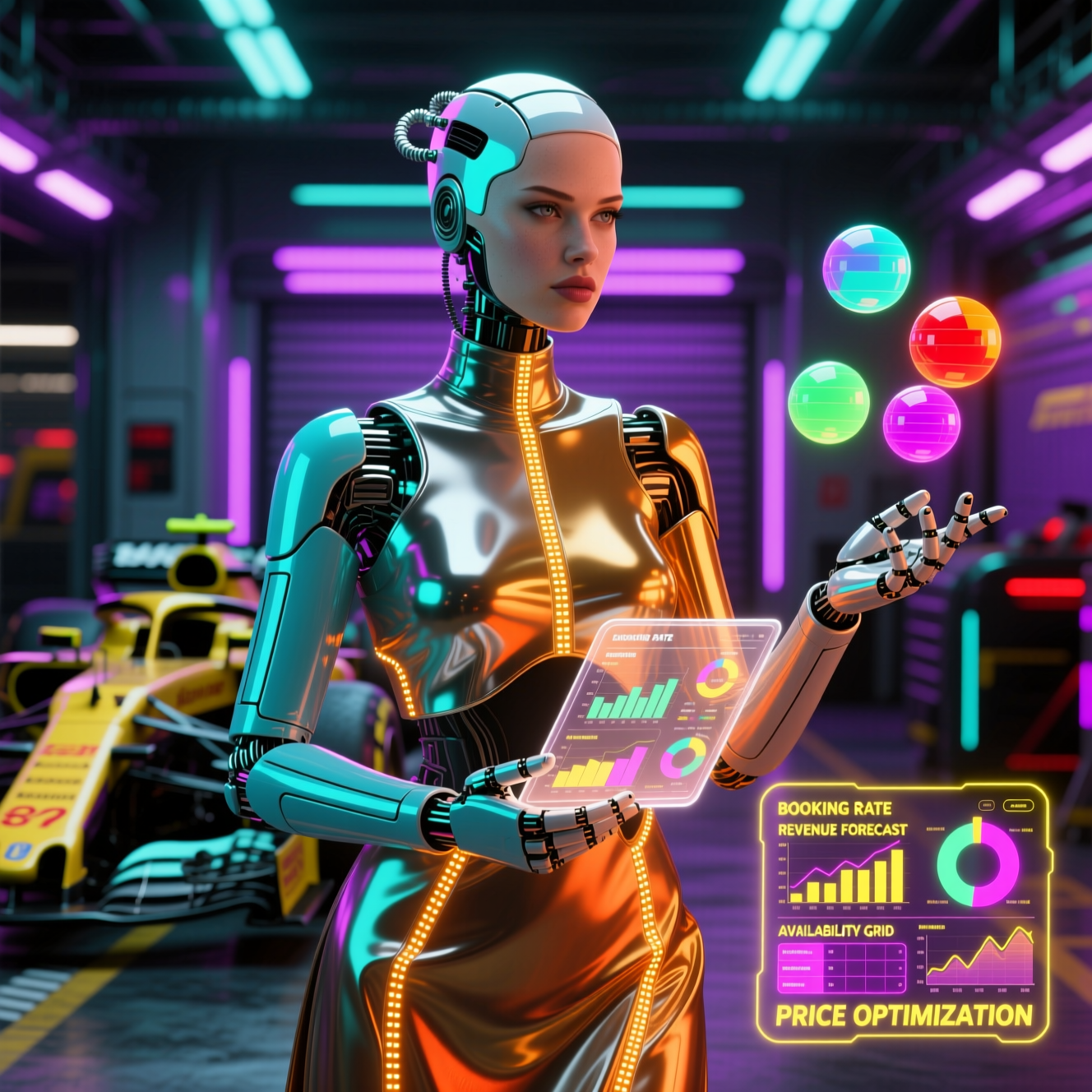 VelaReserve Terminal — Booking & Revenue Strategy Command — Booking category hero — elegant fashion-forward android in flowing reflective couture fabric, editorial pose in Formula-1 style pit garage with saturated color lighting and mechanical detail