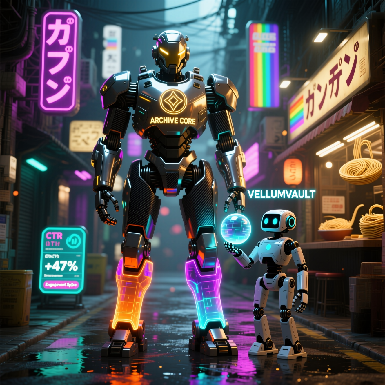VellumVault Campaign Command — Creative Campaign War Room — Archive category hero — duo of contrasting robots — one large hero mech and a small companion droid — composed cinematically in Blade-Runner-style noodle-shop alley with dense neon signage in the background