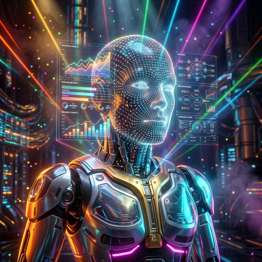 Velumetric — Financial Strategy Terminal — Finance & Fintech category hero — wireframe holographic human head made of glowing data points, floating in the frame center in underground rave-like data cathedral with laser beams cutting through smoke