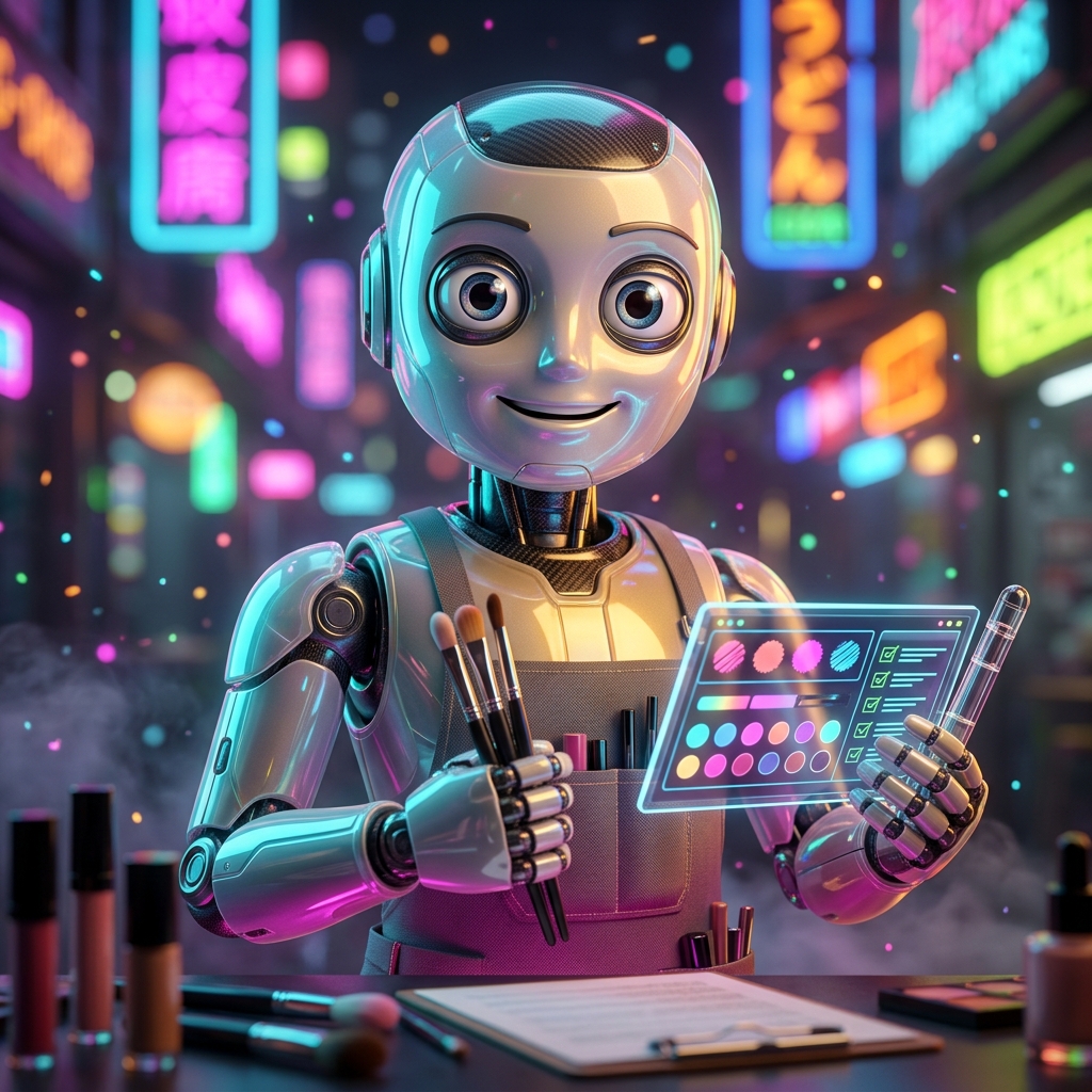 Velure Ledger | Makeup Artist Compliance Suite β Art category hero β friendly Pixar-quality mascot robot with big expressive optical eyes, holding an object that represents the category in Blade-Runner-style noodle-shop alley with dense neon signage in the background