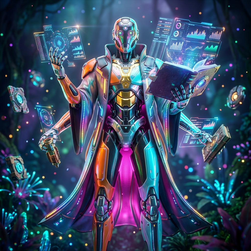 Velvet Ledger — Financial Strategy Terminal for Casino Operation — Finance & Fintech category hero — sci-fi wizard robot with a floating spellbook of holographic glyphs and light particles in alien jungle biome with glowing flora and floating tech artifacts