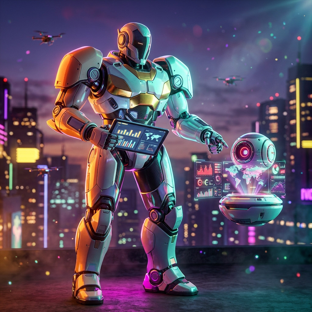 VendorVault — Supplier Command Wall — Business Management category hero — duo of contrasting robots — one large hero mech and a small companion droid — composed cinematically in rooftop overlooking a neon megacity skyline at dusk, drones flying in the distance