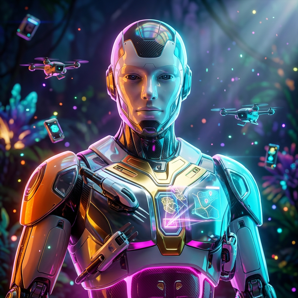 VerdantGrid | Landscape Field Operations — Gardening category hero — glowing digital shield / padlock / crown / crystal object at the frame center, protected by hovering tech drones in alien jungle biome with glowing flora and floating tech artifacts