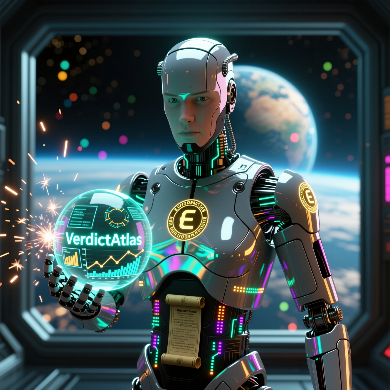 VerdictAtlas — Trial Evidence Map — Legal category hero — chrome-plated bipedal android caught mid-motion, sparks and light particles trailing around it in orbital space station observation deck with a planet glowing outside the panoramic window
