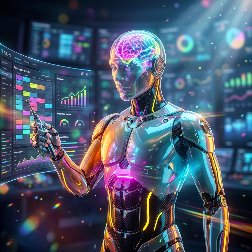 VeriDent Studio · Dental Production Suite — Business Management category hero — translucent glass humanoid figure with a glowing neural-network brain visible inside its head in futuristic control room with massive glowing holographic screens and volumetric light rays