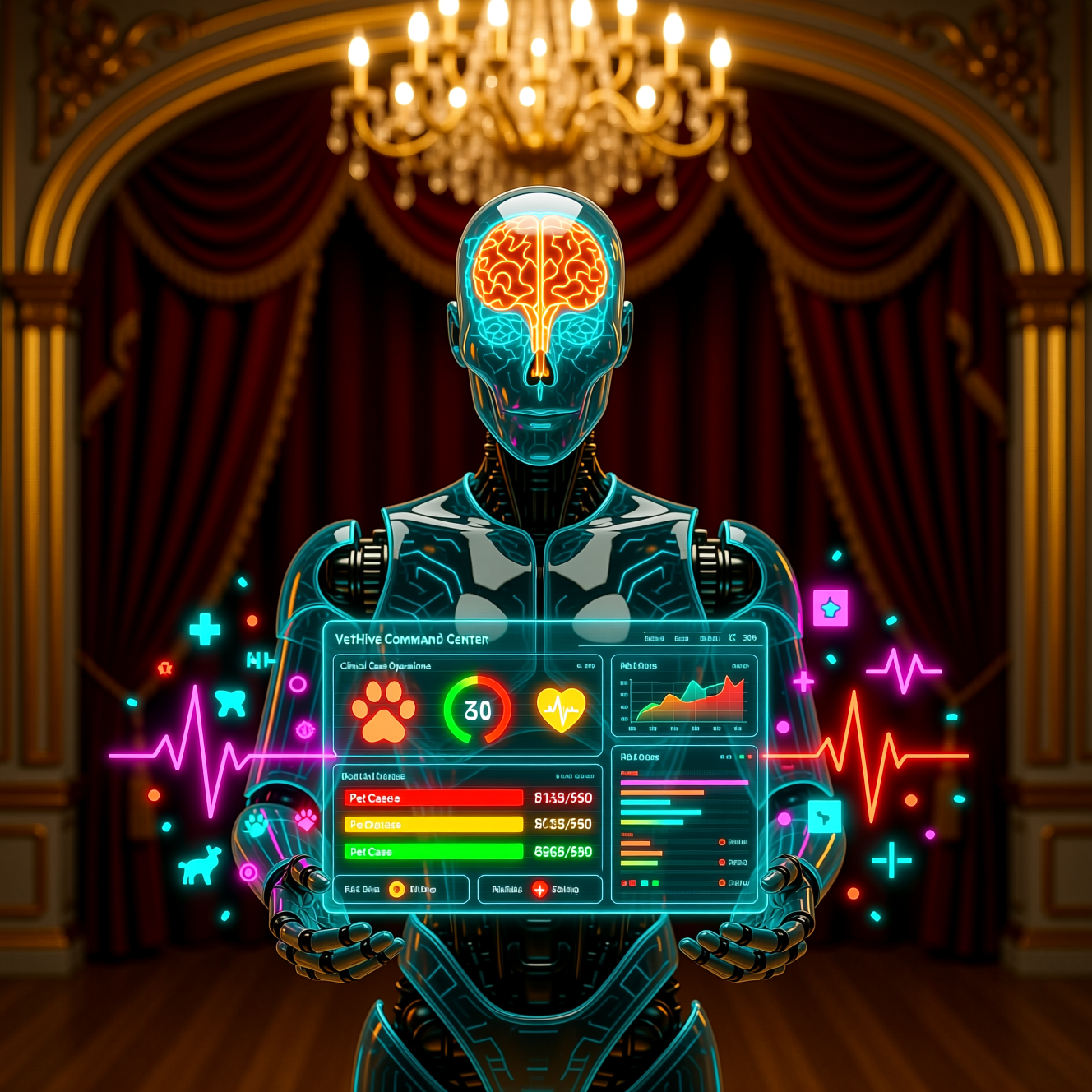 VetHive Command Center — Clinical Case Operations — Medical Services category hero — translucent glass humanoid figure with a glowing neural-network brain visible inside its head in golden-lit theater interior with heavy velvet curtains and cinematic chandeliers