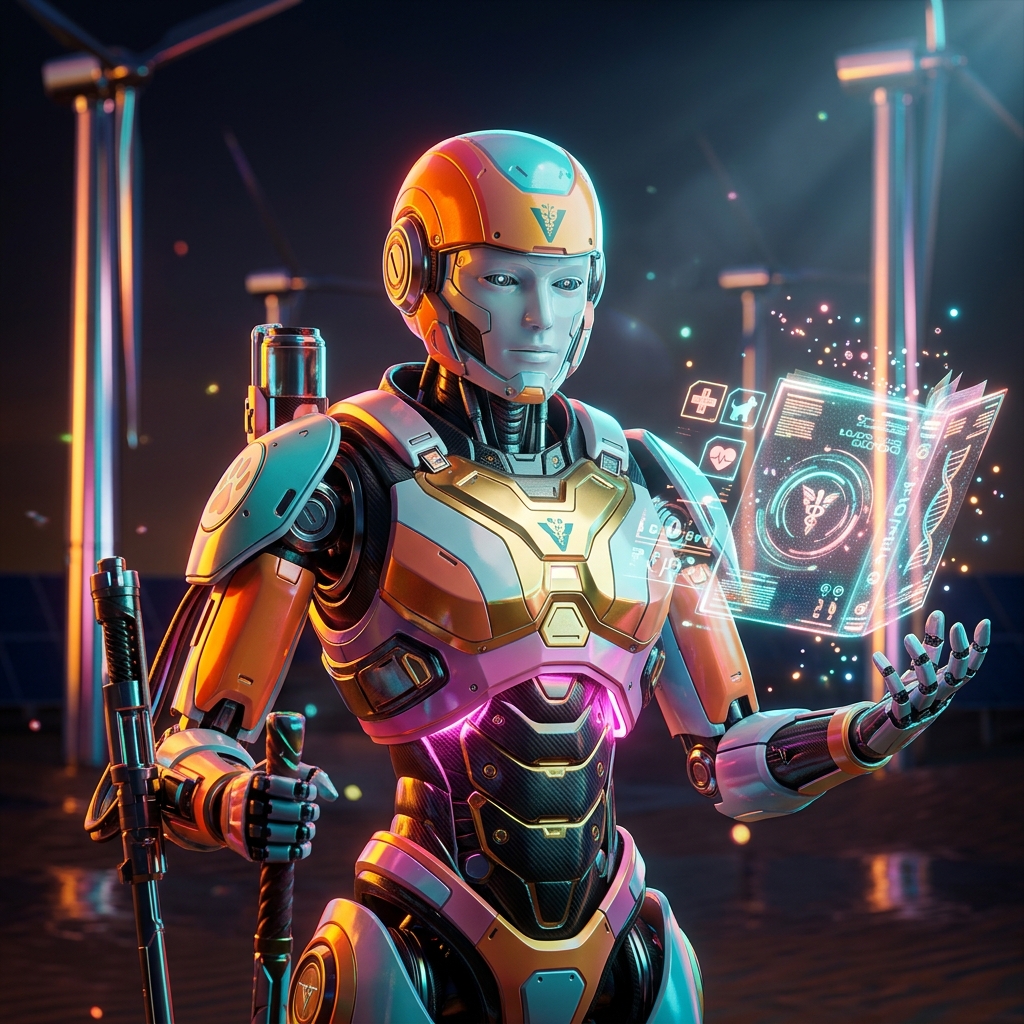 VetLedger Prime | Veterinary & Pet Care Command — Pet Care category hero — sci-fi wizard robot with a floating spellbook of holographic glyphs and light particles in desert solar farm at magic hour with reflective sand and towering chrome pylons