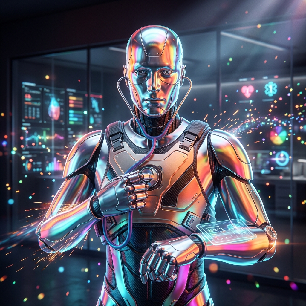 VetPulse Command — Veterinary Case Command Center — Pet Care category hero — chrome-plated bipedal android caught mid-motion, sparks and light particles trailing around it in sleek high-tech laboratory with glass walls, floating data panels and particle light