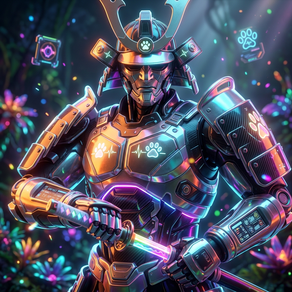 VETRA Command — Veterinary Mission Control — Pet Care category hero — majestic samurai-styled mech in lacquered armor with neon under-glow, katana of light in hand in alien jungle biome with glowing flora and floating tech artifacts
