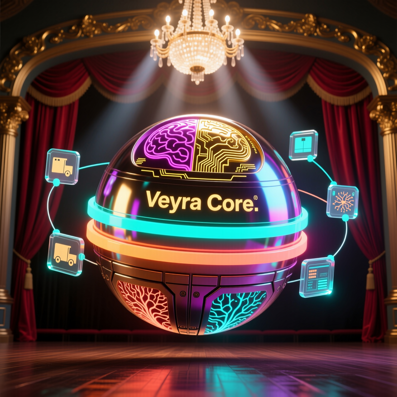 Veyra — Supply Chain Neural Board — Delivery category hero — floating spherical AI orb with concentric glowing rings and orbiting holographic icons around it in golden-lit theater interior with heavy velvet curtains and cinematic chandeliers