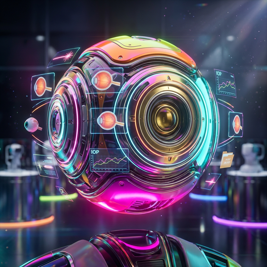 VisionClinic Suite — Ophthalmology Command Cockpit — Medical Services category hero — floating spherical AI orb with concentric glowing rings and orbiting holographic icons around it in chrome-and-glass showroom with mirrored floor and rim-lit product staging