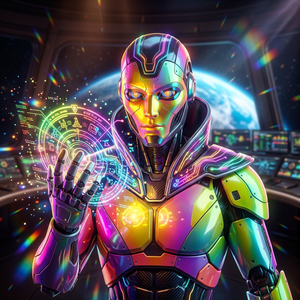 VitruviCase — Network & Server Monitoring Command — Monitoring category hero — sci-fi wizard robot with a floating spellbook of holographic glyphs and light particles in orbital space station observation deck with a planet glowing outside the panoramic window