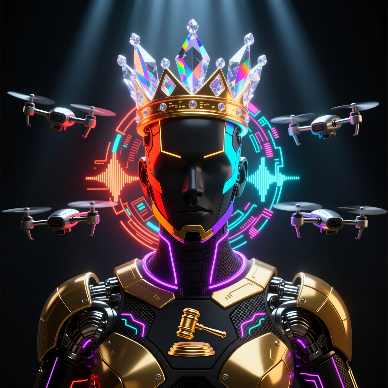 VocalCareer Command — Professional Singer Operations Board — Legal category hero — glowing digital shield / padlock / crown / crystal object at the frame center, protected by hovering tech drones in dark cinematic stage with dramatic spotlights streaming down and a hazy atmospheric fog