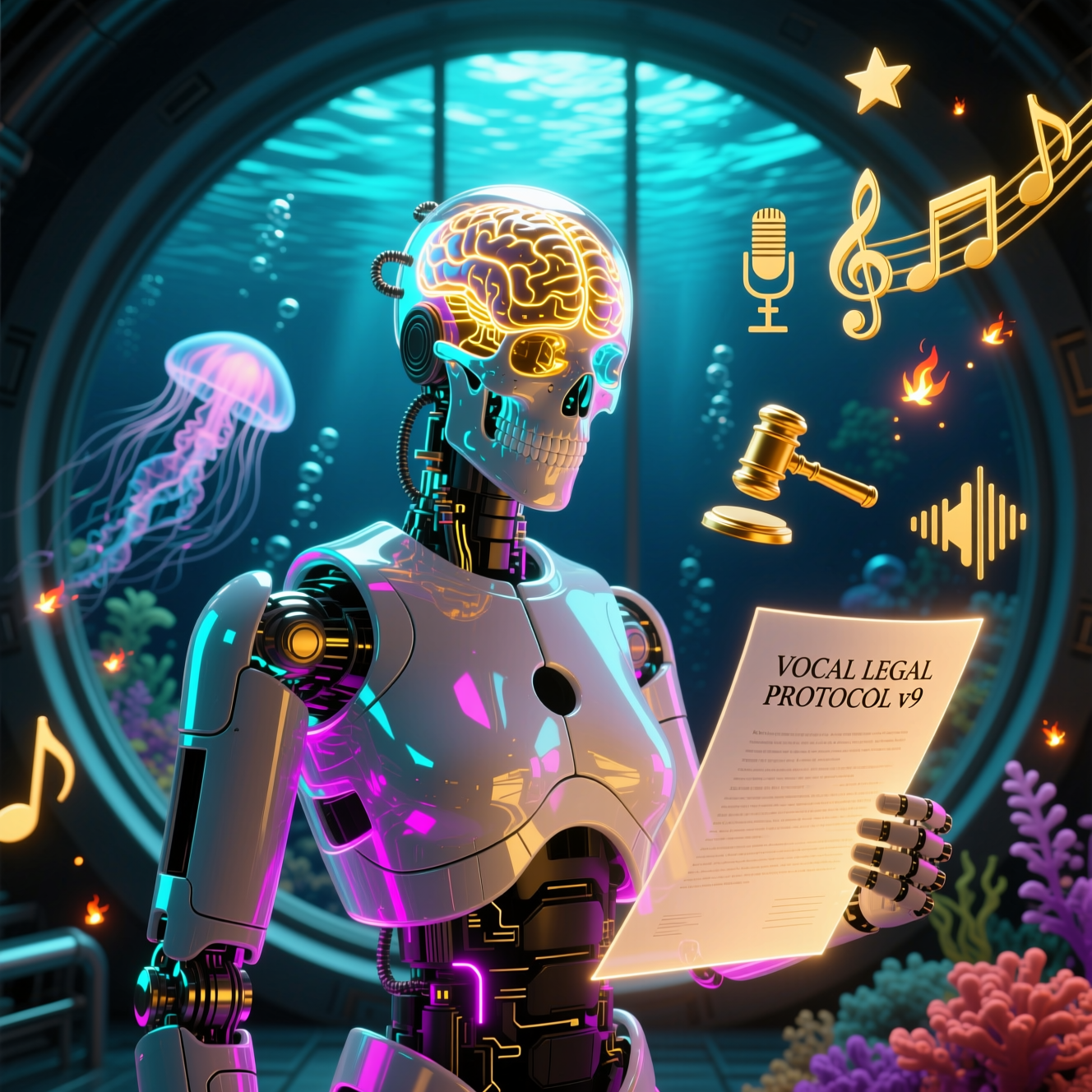 VocalCareer Command — Professional Singer Studio Suite — Legal category hero — translucent glass humanoid figure with a glowing neural-network brain visible inside its head in deep-sea research bay with bulkhead windows onto a bioluminescent ocean