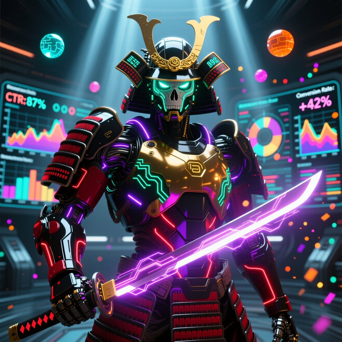 VoltStrata — Data Analytics Campaign War Room — Data Analytics category hero — majestic samurai-styled mech in lacquered armor with neon under-glow, katana of light in hand in futuristic control room with massive glowing holographic screens and volumetric light rays