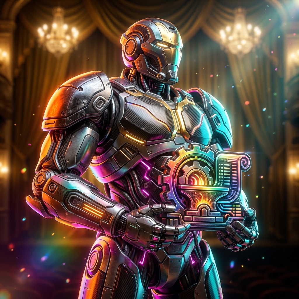 WageForge Terminal β Payroll category hero β heavily armored guardian robot holding a symbolic emblem of the category with both hands in golden-lit theater interior with heavy velvet curtains and cinematic chandeliers