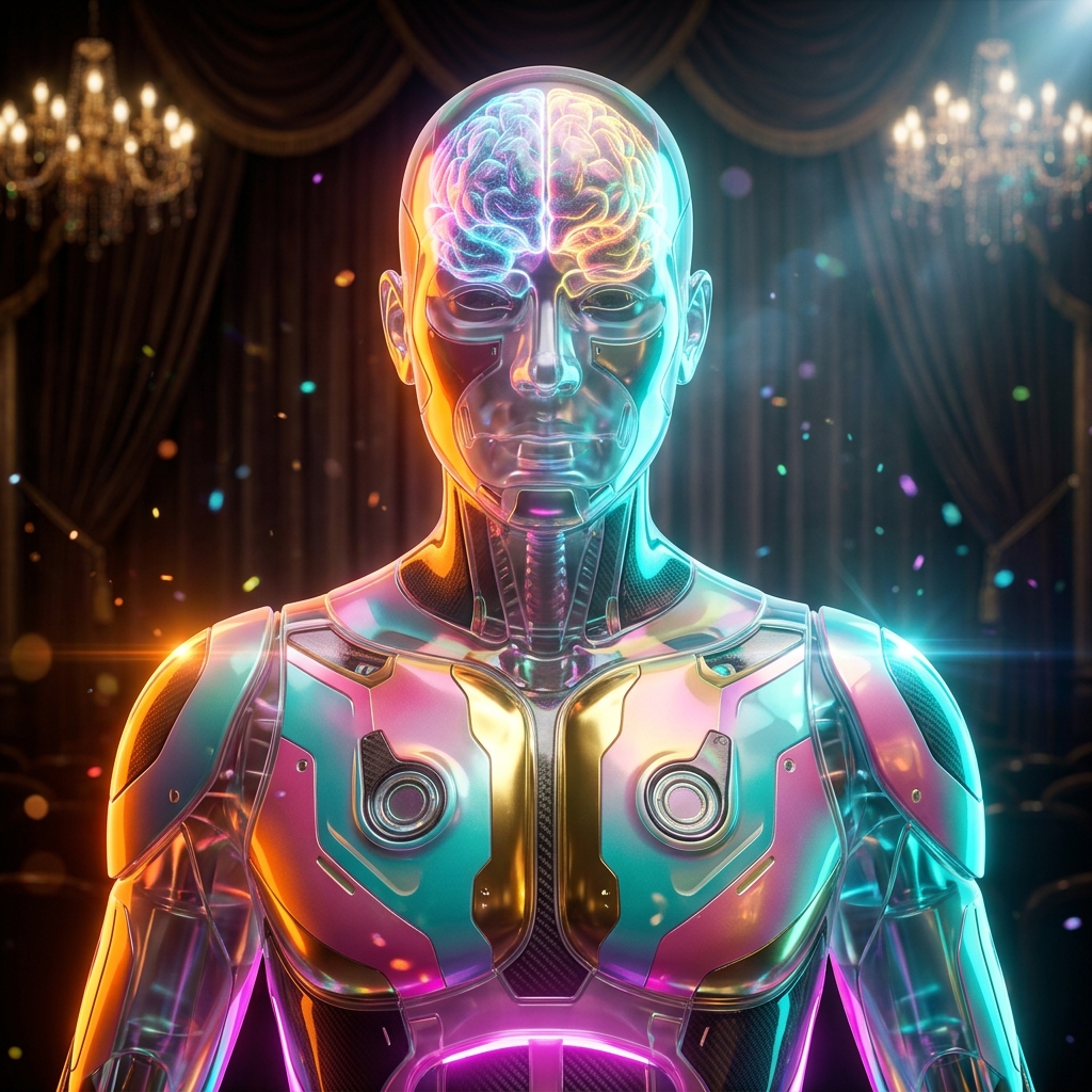 War Room | Momentum OS — Life Coaching & Personal Development category hero — translucent glass humanoid figure with a glowing neural-network brain visible inside its head in golden-lit theater interior with heavy velvet curtains and cinematic chandeliers