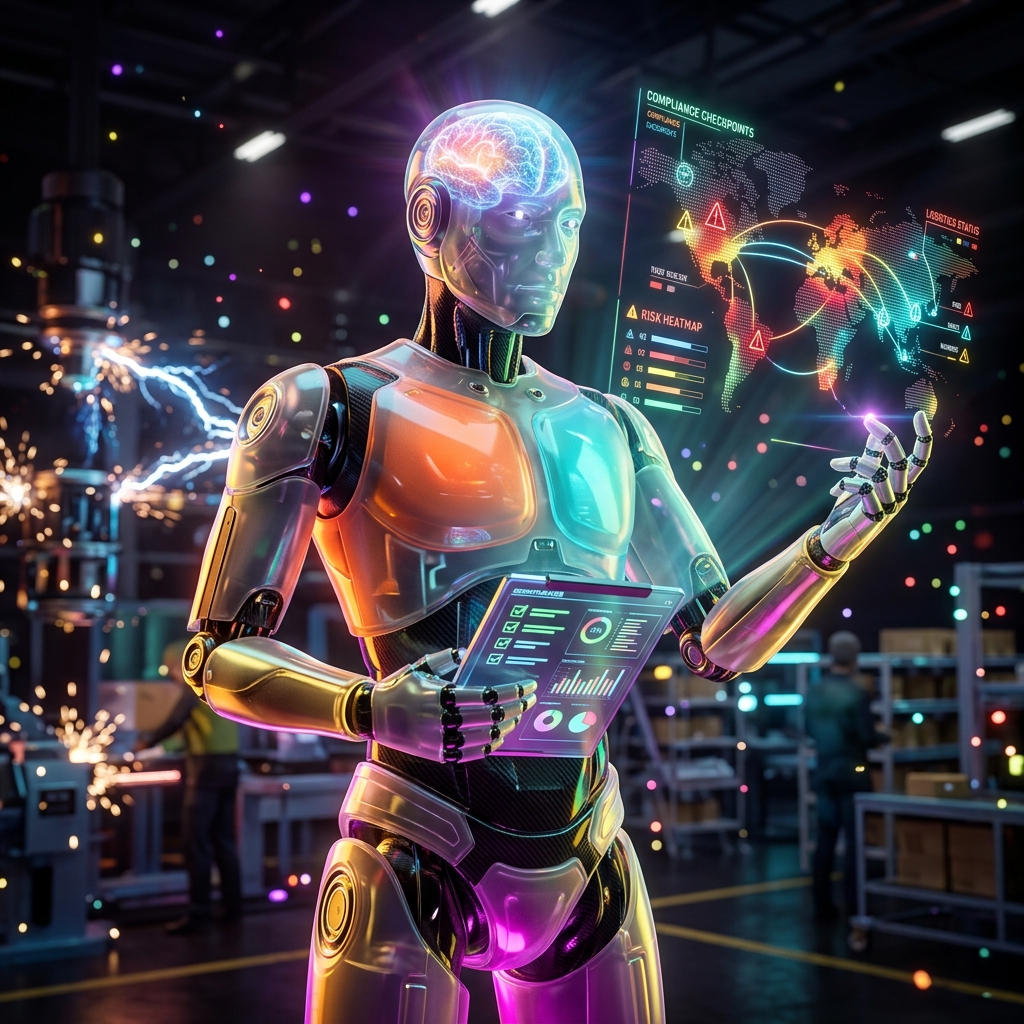 WareLedger — Compliance Intelligence Ledger for Warehouse Manage — Shipping & Logistics category hero — translucent glass humanoid figure with a glowing neural-network brain visible inside its head in magnetic-levitation factory floor with sparking arcs of electricity and machinery