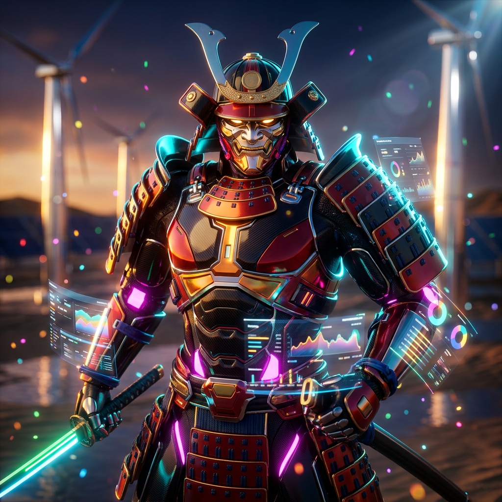 Warroom | Marketplace Campaign Command — E-commerce category hero — majestic samurai-styled mech in lacquered armor with neon under-glow, katana of light in hand in desert solar farm at magic hour with reflective sand and towering chrome pylons