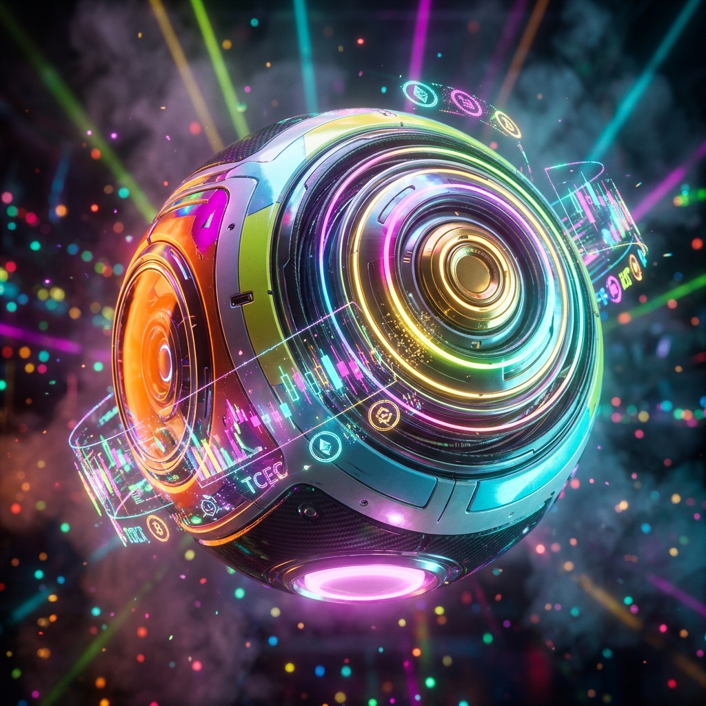 WealthForge Terminal | Crypto Strategy & Treasury — Crypto News category hero — floating spherical AI orb with concentric glowing rings and orbiting holographic icons around it in underground rave-like data cathedral with laser beams cutting through smoke