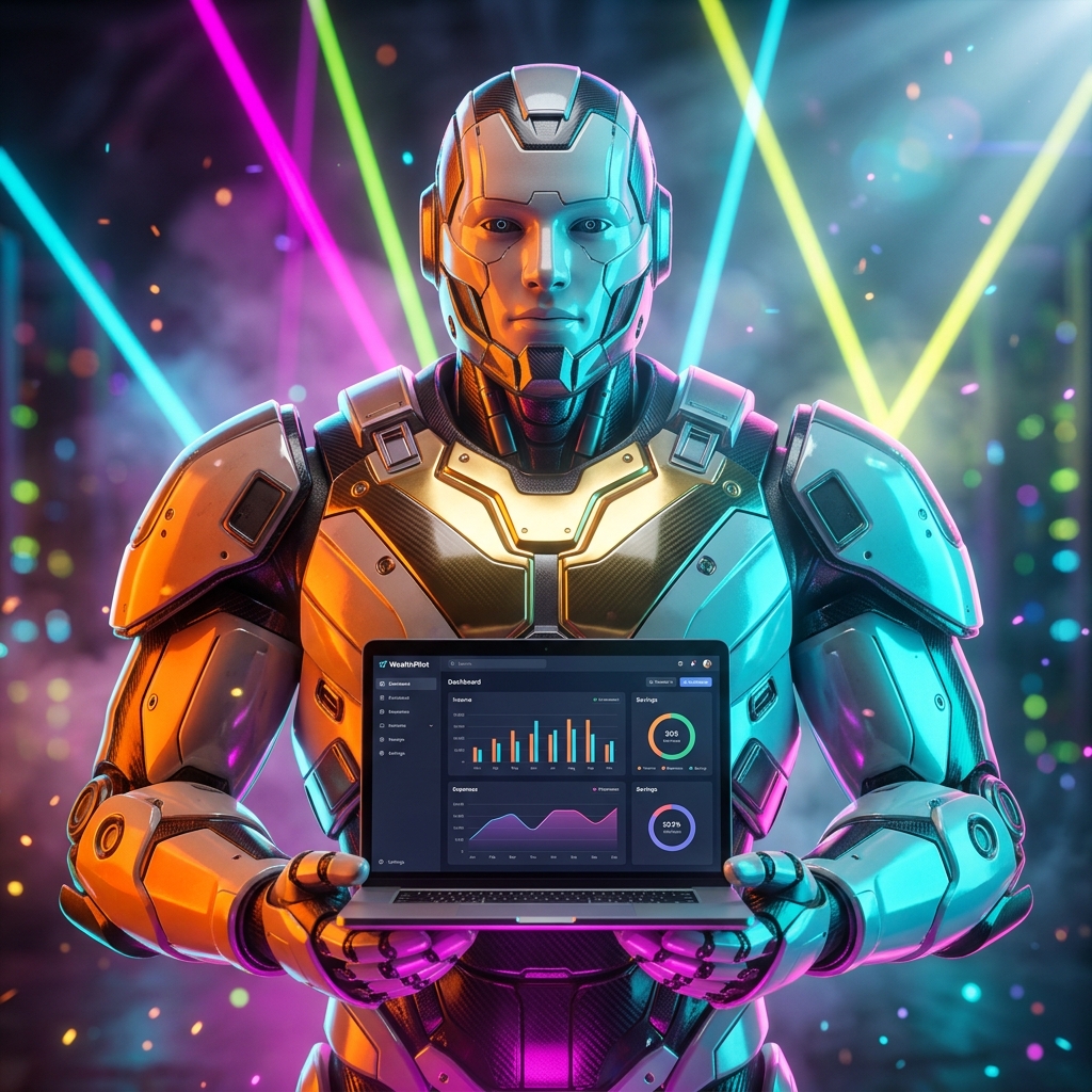 WealthPilot Command — Personal Finance Mission Control — Expense Tracking category hero — heavily armored guardian robot holding a symbolic emblem of the category with both hands in underground rave-like data cathedral with laser beams cutting through smoke