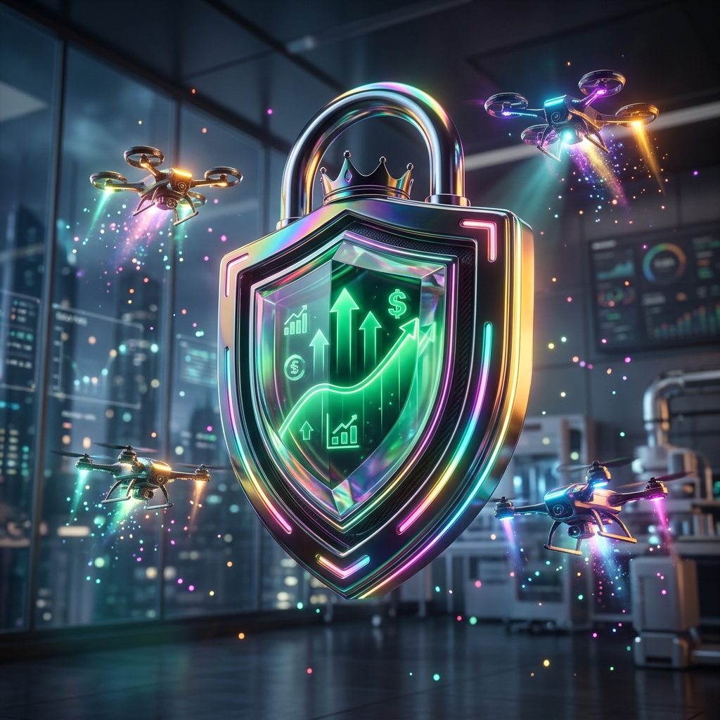 WellthFlow · Digital Wellness Financial Terminal — Digital Wellness & Mindful Living category hero — glowing digital shield / padlock / crown / crystal object at the frame center, protected by hovering tech drones in sleek high-tech laboratory with glass walls, floating data panels and particle light