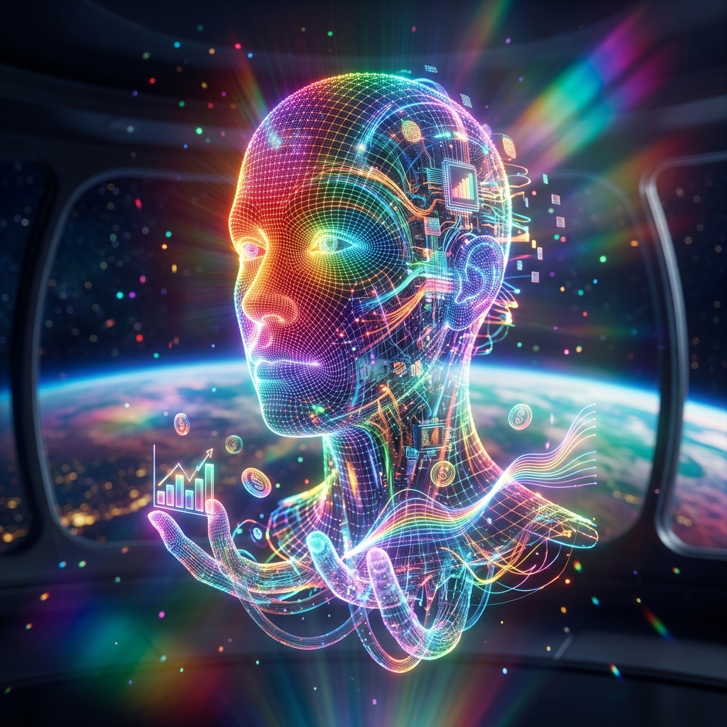 YieldCascade — Subscription Finance Terminal — Finance & Fintech category hero — wireframe holographic human head made of glowing data points, floating in the frame center in orbital space station observation deck with a planet glowing outside the panoramic window