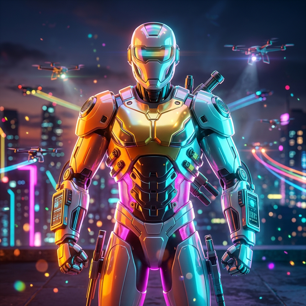 YieldCraft MRP Studio — Production & Materials Command — ERP category hero — hyper-detailed humanoid robot with glossy plating and glowing visor eyes, striking a confident hero pose in the center of the frame in rooftop overlooking a neon megacity skyline at dusk, drones flying in the distance