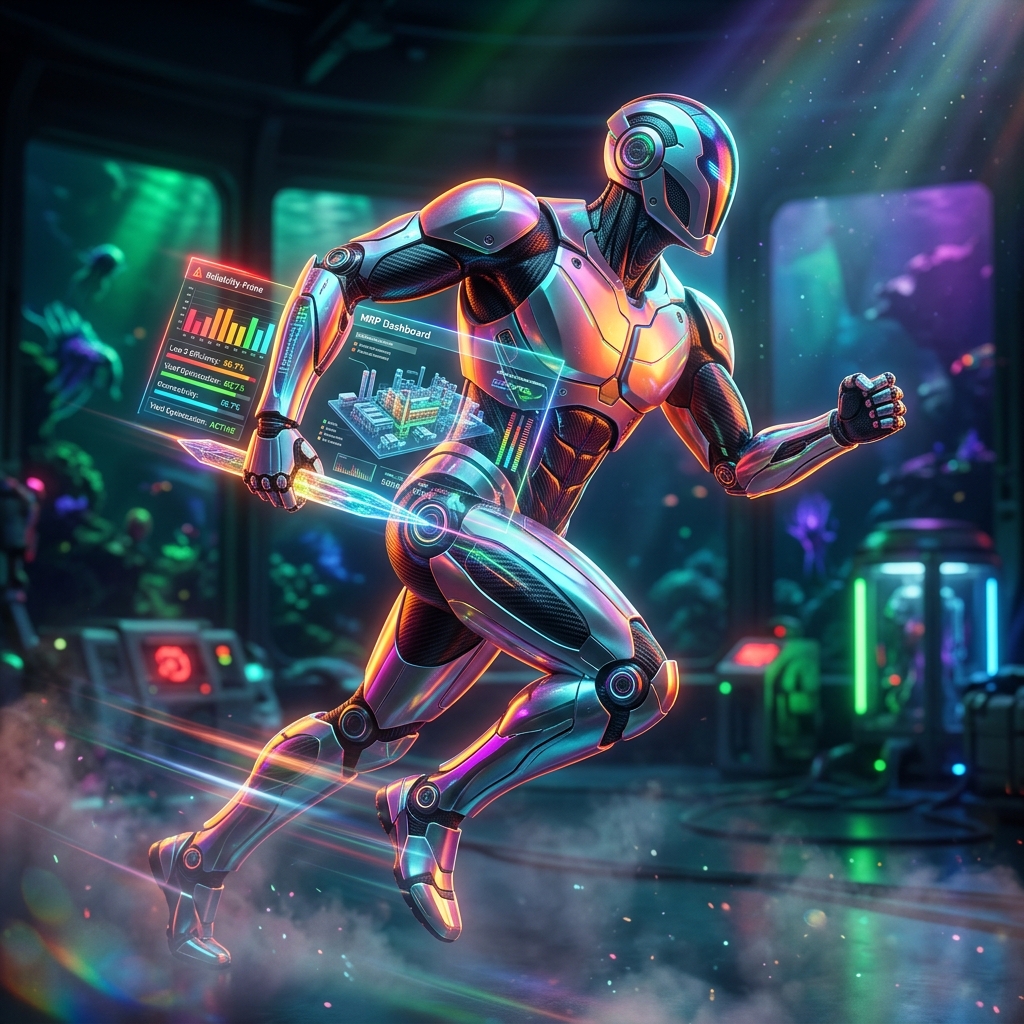 YieldForge — MRP Command & Reliability Console — Business Management category hero — sleek sports-car-inspired bipedal android mid-motion, carbon-fiber musculature and glowing accent lines in deep-sea research bay with bulkhead windows onto a bioluminescent ocean