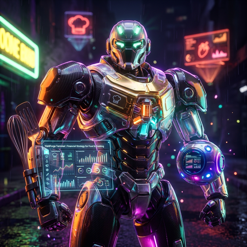 YieldForge Terminal | Financial Strategy for Food & Cooking — Food & Cooking category hero — duo of contrasting robots — one large hero mech and a small companion droid — composed cinematically in neon-lit cyberpunk street at night, wet pavement reflections, hovering holograms in the background