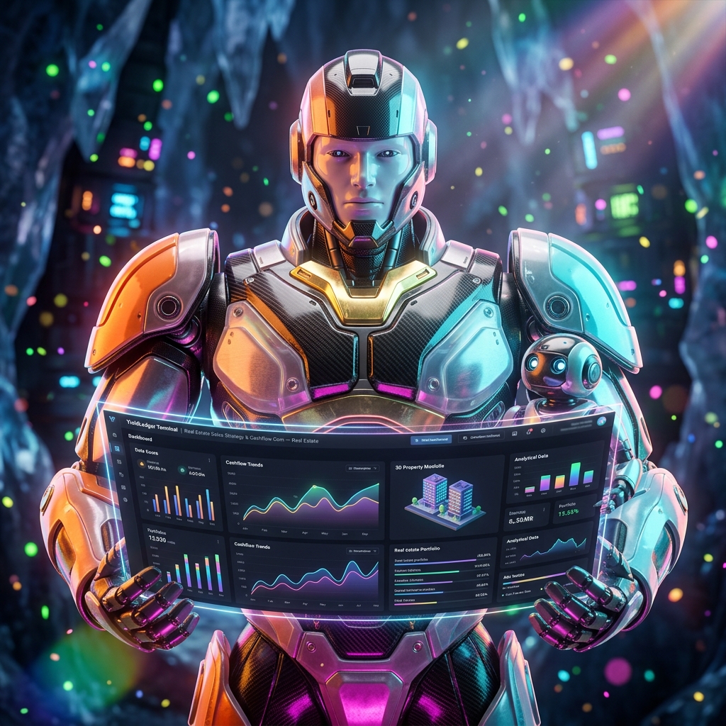 YieldLedger Terminal | Real Estate Sales Strategy & Cashflow Com — Real Estate category hero — duo of contrasting robots — one large hero mech and a small companion droid — composed cinematically in crystalline ice cavern lit by bioluminescent tech installations