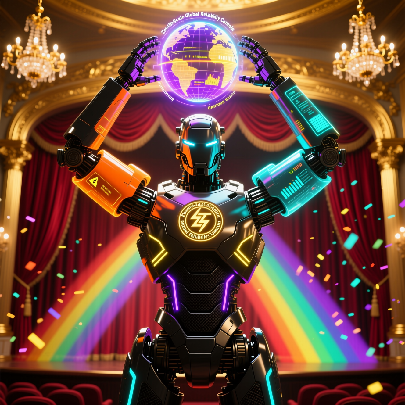 ZenithScale · Global Reliability Console — Global Business & Corporate Services category hero — heavily armored guardian robot holding a symbolic emblem of the category with both hands in golden-lit theater interior with heavy velvet curtains and cinematic chandeliers