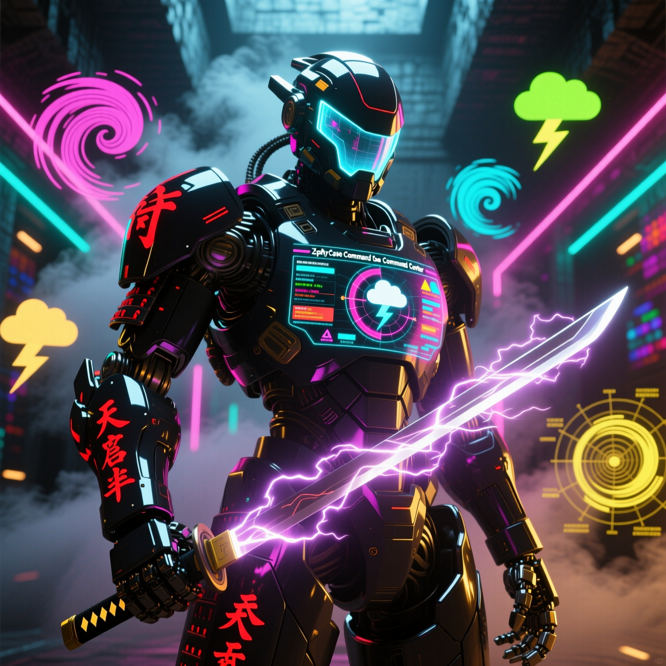 ZephyrCase Command — Weather Case Command Center — Weather category hero — majestic samurai-styled mech in lacquered armor with neon under-glow, katana of light in hand in underground rave-like data cathedral with laser beams cutting through smoke