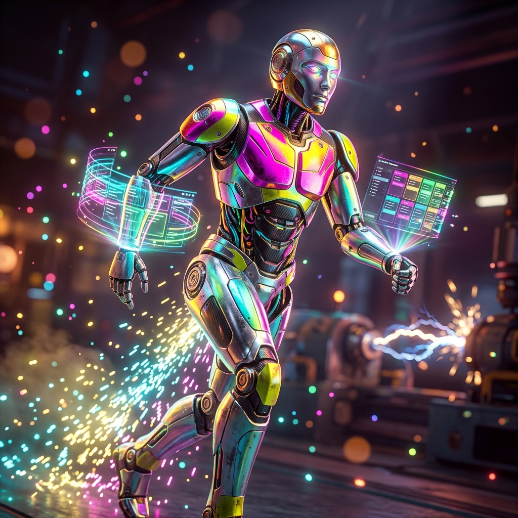 ZoneFlow Dispatch – Home Operations Grid — Home Organization & Daily Planning category hero — chrome-plated bipedal android caught mid-motion, sparks and light particles trailing around it in magnetic-levitation factory floor with sparking arcs of electricity and machinery