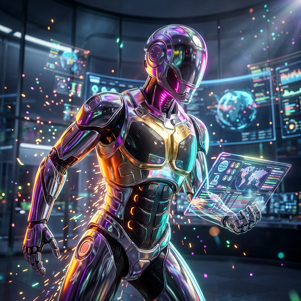 ZoneOps Dispatch Grid — Field Operations Command — Business Management category hero — chrome-plated bipedal android caught mid-motion, sparks and light particles trailing around it in sleek high-tech laboratory with glass walls, floating data panels and particle light