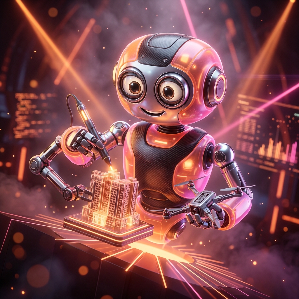 3D Design Tools category hero — friendly Pixar-quality mascot robot with big expressive optical eyes, holding an object that represents the category in underground rave-like data cathedral with laser beams cutting through smoke