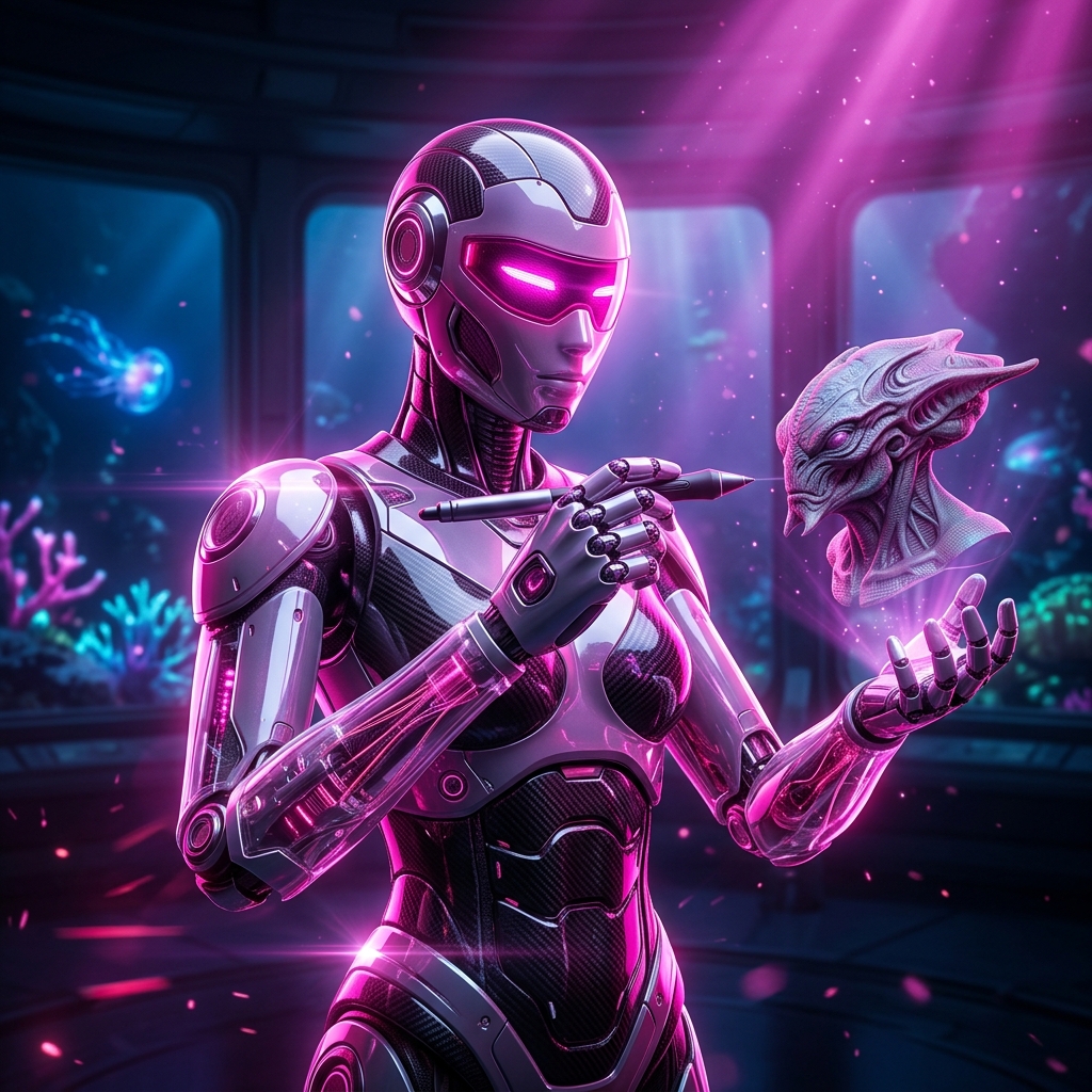 3D Modeling category hero — hyper-detailed humanoid robot with glossy plating and glowing visor eyes, striking a confident hero pose in the center of the frame in deep-sea research bay with bulkhead windows onto a bioluminescent ocean