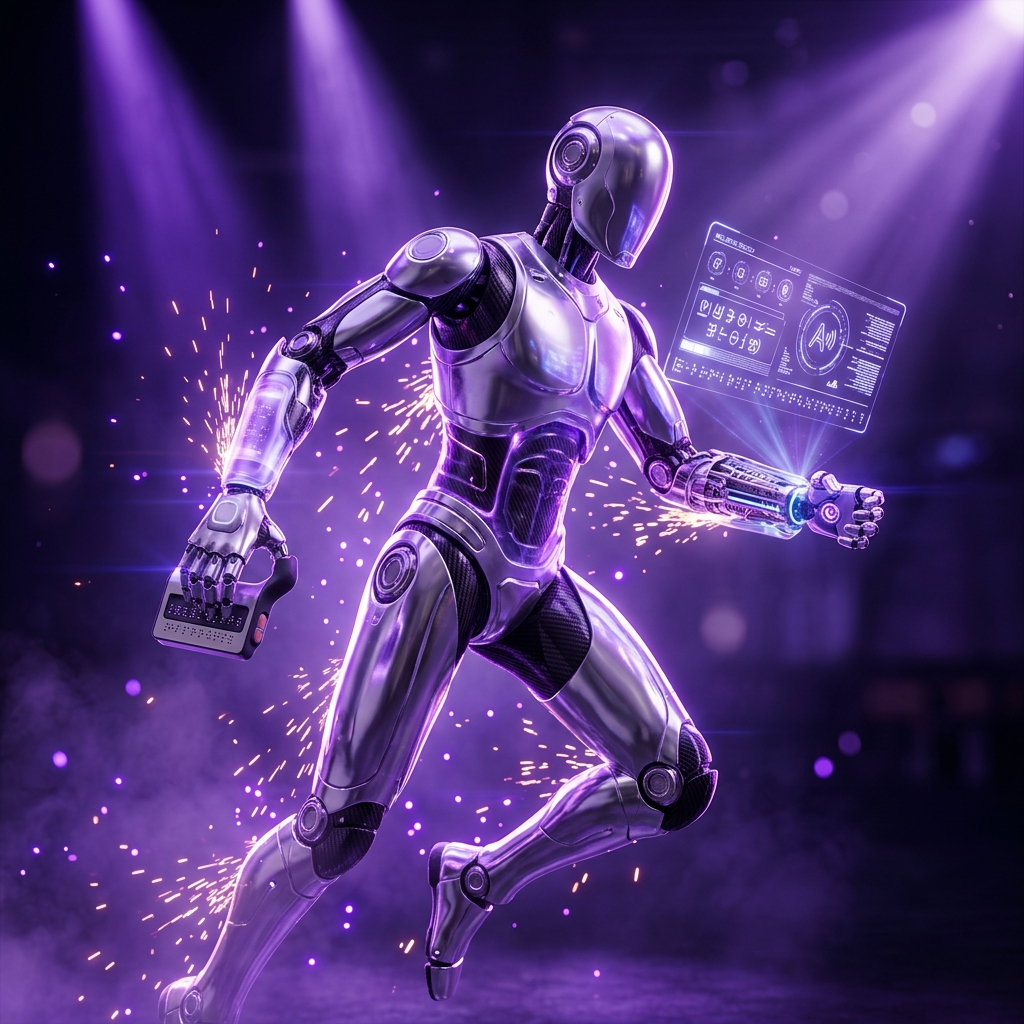 Accessibility category hero — chrome-plated bipedal android caught mid-motion, sparks and light particles trailing around it in dark cinematic stage with dramatic spotlights streaming down and a hazy atmospheric fog