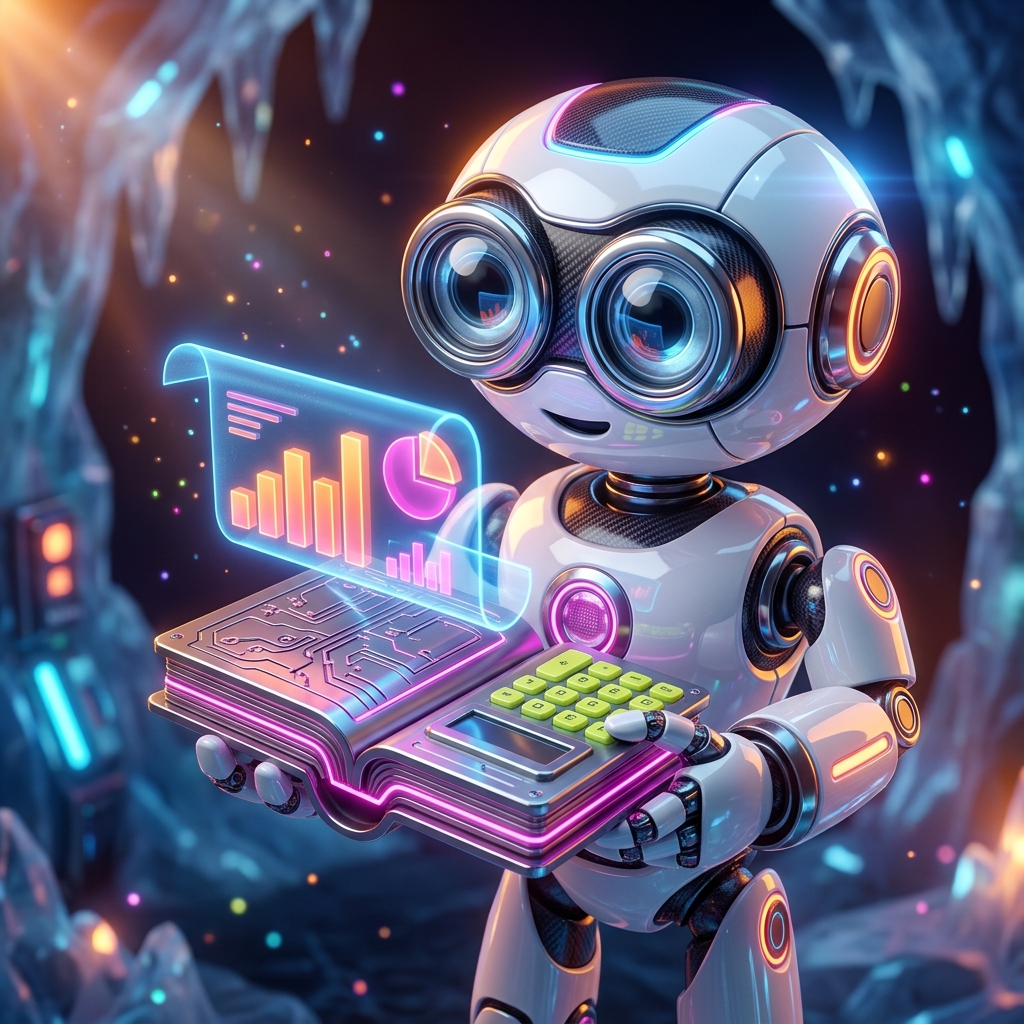 Accounting category hero — friendly Pixar-quality mascot robot with big expressive optical eyes, holding an object that represents the category in crystalline ice cavern lit by bioluminescent tech installations