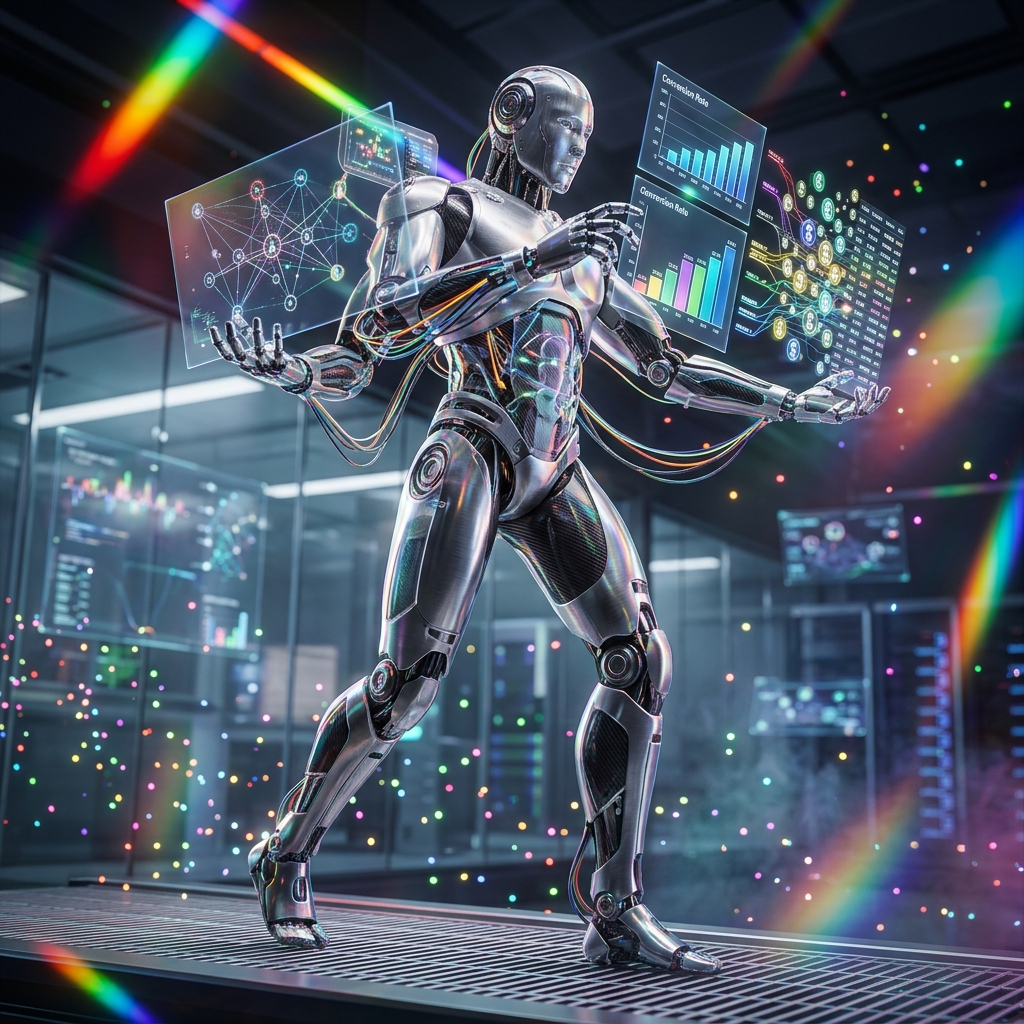 Affiliate Marketing category hero — chrome-plated bipedal android caught mid-motion, sparks and light particles trailing around it in sleek high-tech laboratory with glass walls, floating data panels and particle light