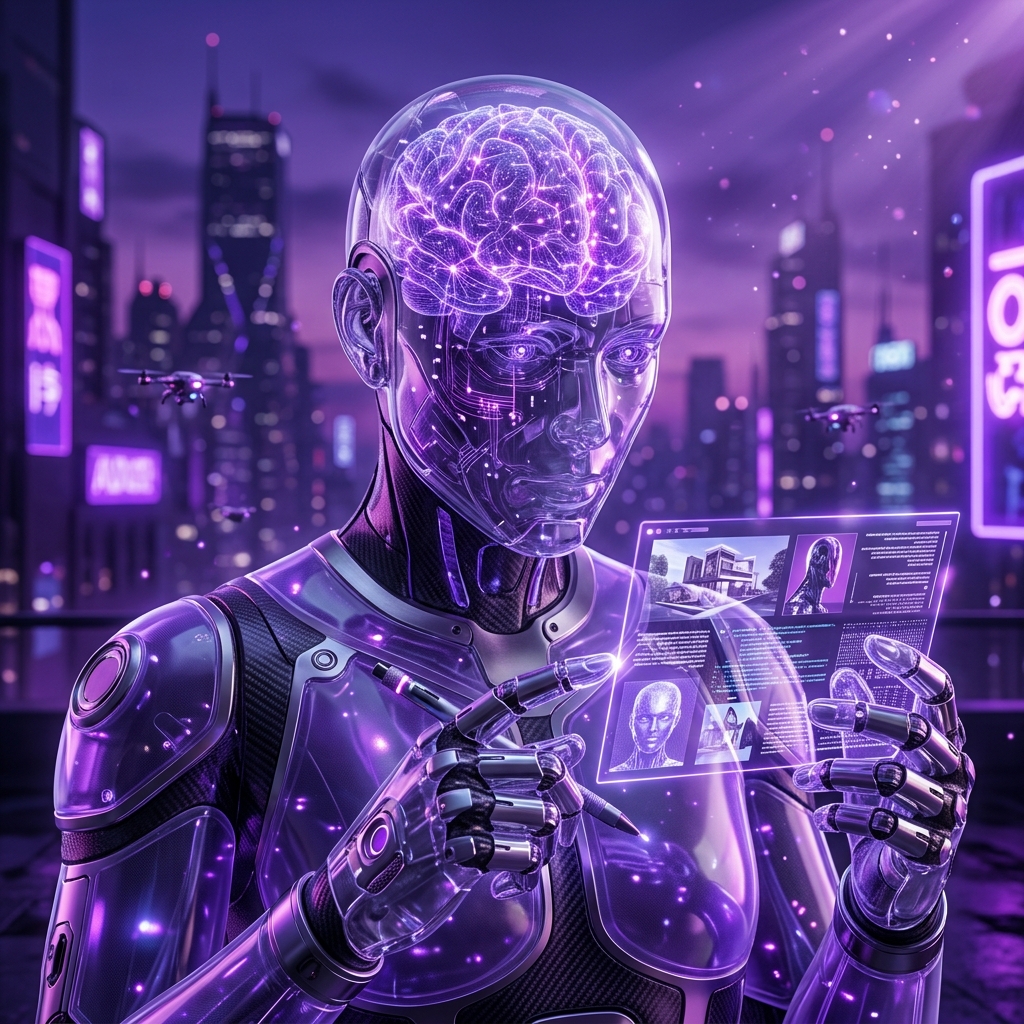 AI Tools category hero — translucent glass humanoid figure with a glowing neural-network brain visible inside its head in rooftop overlooking a neon megacity skyline at dusk, drones flying in the distance