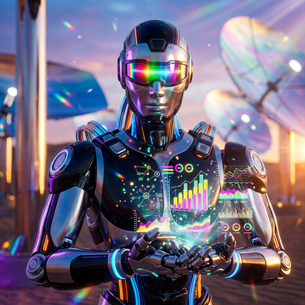 Analytics category hero — hyper-detailed humanoid robot with glossy plating and glowing visor eyes, striking a confident hero pose in the center of the frame in desert solar farm at magic hour with reflective sand and towering chrome pylons