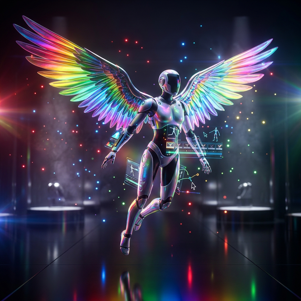 Animation category hero — courier-style android with iridescent wings unfurled, mid-flight silhouette against the environment in chrome-and-glass showroom with mirrored floor and rim-lit product staging