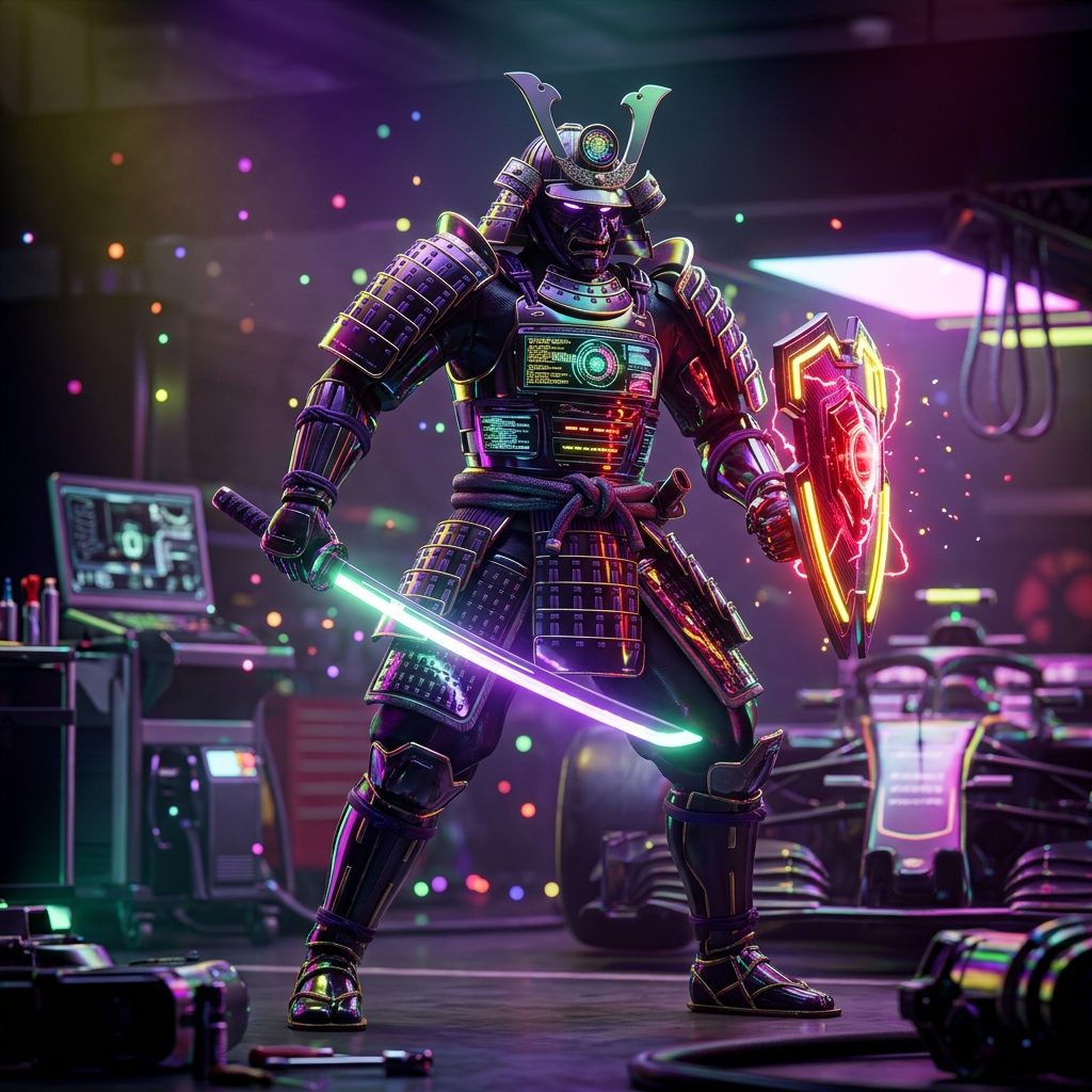 Antivirus & Cybersecurity category hero — majestic samurai-styled mech in lacquered armor with neon under-glow, katana of light in hand in Formula-1 style pit garage with saturated color lighting and mechanical detail