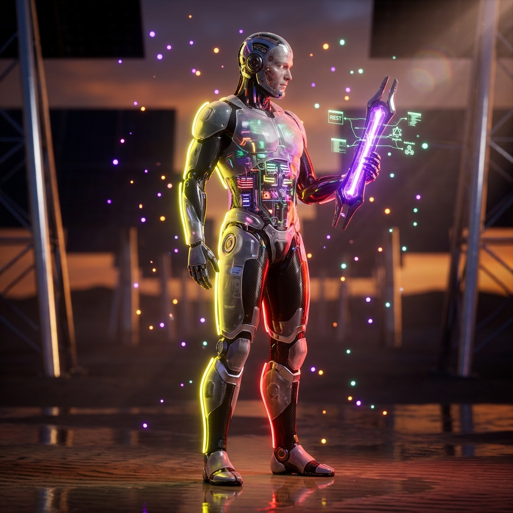 API Development category hero — cinematic cyborg character seen in three-quarter profile, exposed circuitry glowing beneath translucent skin, intense neon rim light in desert solar farm at magic hour with reflective sand and towering chrome pylons