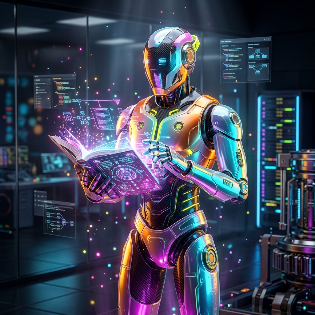 API Tools category hero — sci-fi wizard robot with a floating spellbook of holographic glyphs and light particles in sleek high-tech laboratory with glass walls, floating data panels and particle light